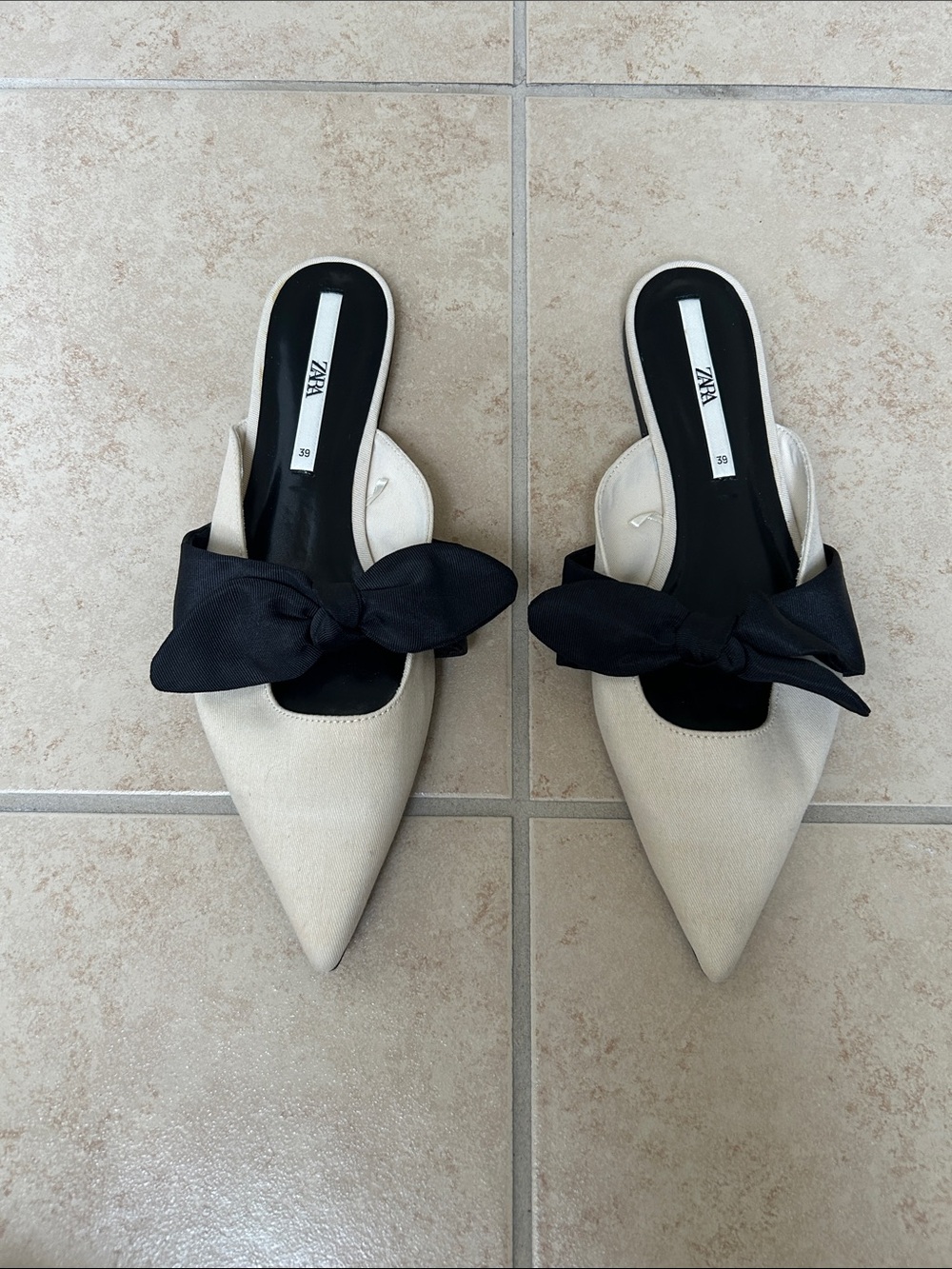 Zara Cream Pointed-Toe Mules with Black Bow Accent